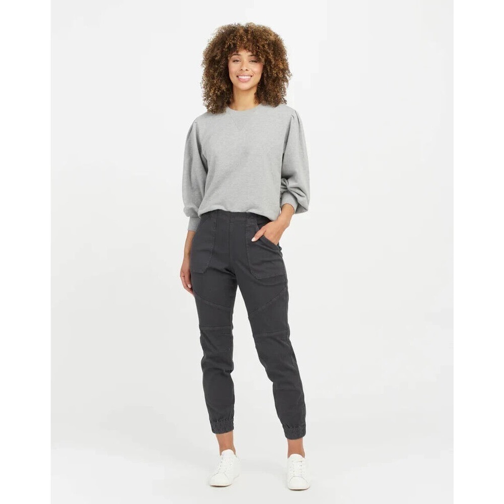 NWT Spanx Twill Cargo Pants Tapered Leg High Rise Womens Black Size Medium Tall